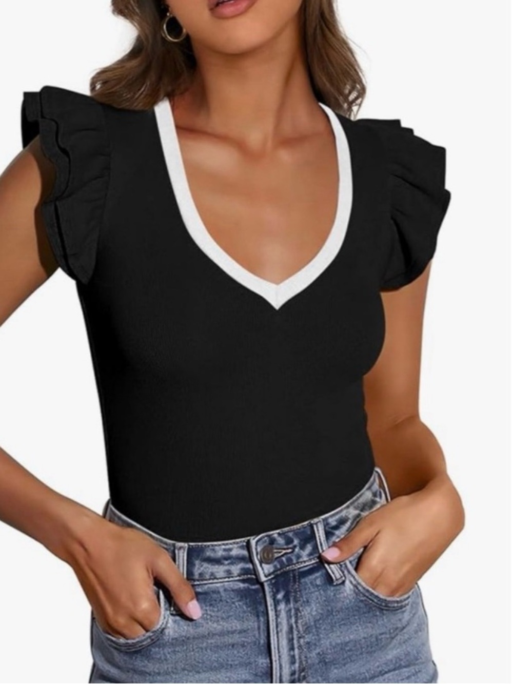 NEW PrettyGarden Black And White V-Neck Ruffle Sleeve Rib Top Size Large